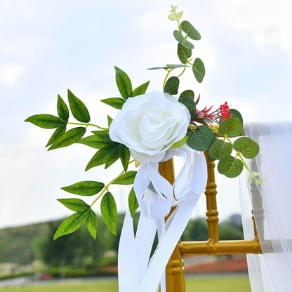 Set of 8 Wedding Aisle Decorations Set Yellow Rose Flowers Chair Back Flowers with Leaves and Ribbons,Pew Artificial Flowers Arrangements for Wedding Ceremony Decor