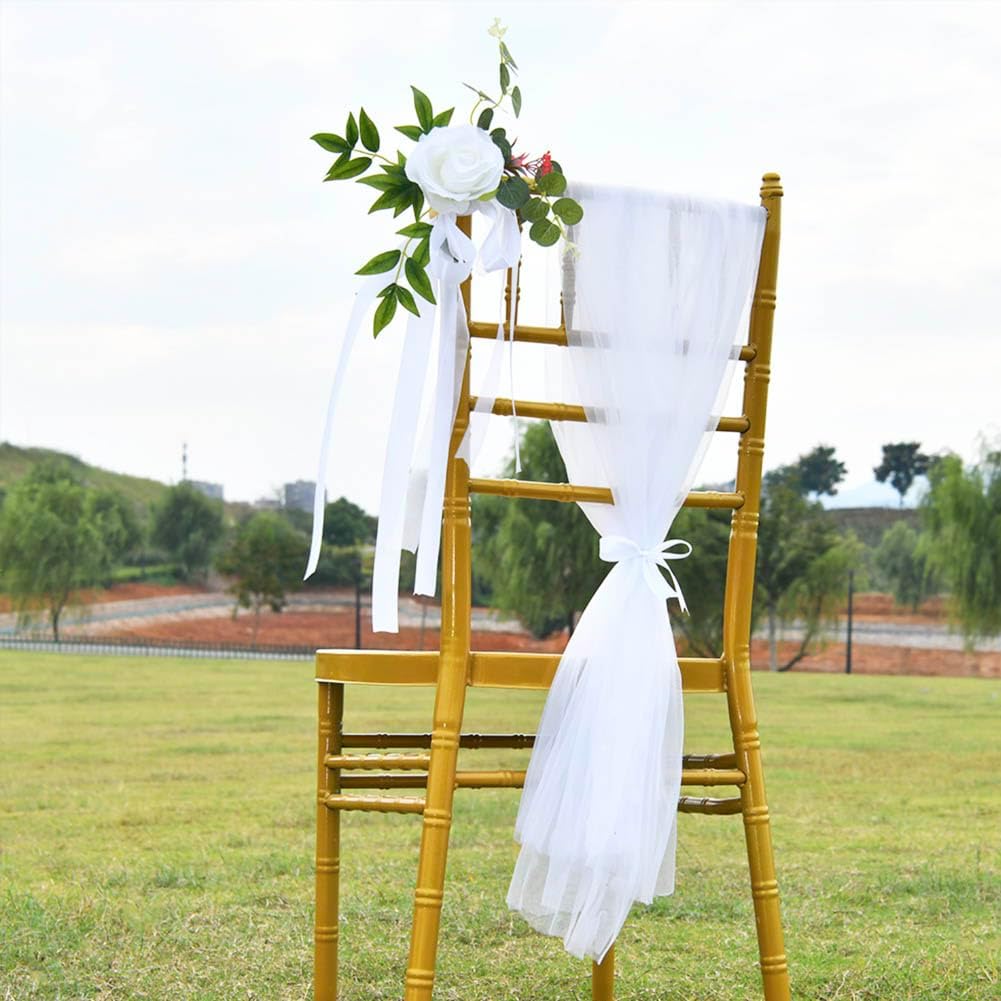 Set of 8 Wedding Aisle Decorations Set Yellow Rose Flowers Chair Back Flowers with Leaves and Ribbons,Pew Artificial Flowers Arrangements for Wedding Ceremony Decor