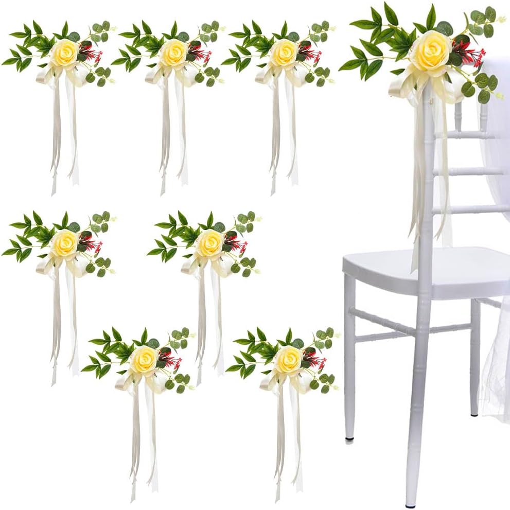 Set of 8 Wedding Aisle Decorations Set Yellow Rose Flowers Chair Back Flowers with Leaves and Ribbons,Pew Artificial Flowers Arrangements for Wedding Ceremony Decor