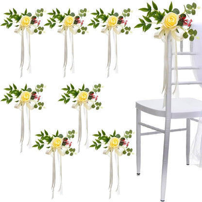 Set of 8 Wedding Aisle Decorations Set Yellow Rose Flowers Chair Back Flowers with Leaves and Ribbons,Pew Artificial Flowers Arrangements for Wedding Ceremony Decor