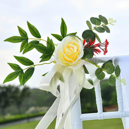 Set of 8 Wedding Aisle Decorations Set Yellow Rose Flowers Chair Back Flowers with Leaves and Ribbons,Pew Artificial Flowers Arrangements for Wedding Ceremony Decor