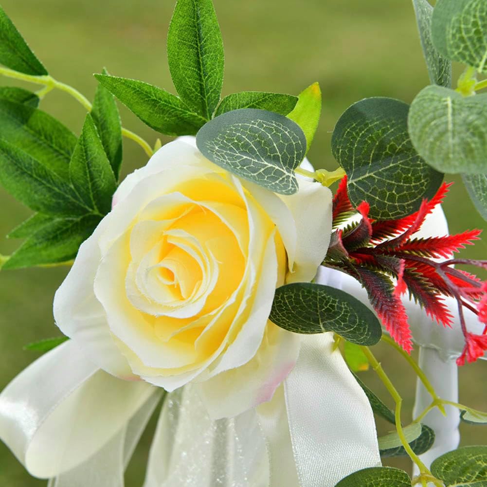 Set of 8 Wedding Aisle Decorations Set Yellow Rose Flowers Chair Back Flowers with Leaves and Ribbons,Pew Artificial Flowers Arrangements for Wedding Ceremony Decor