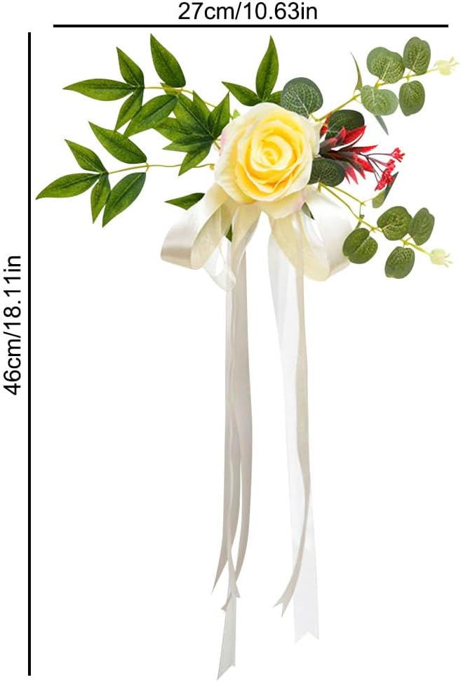 Set of 8 Wedding Aisle Decorations Set Yellow Rose Flowers Chair Back Flowers with Leaves and Ribbons,Pew Artificial Flowers Arrangements for Wedding Ceremony Decor