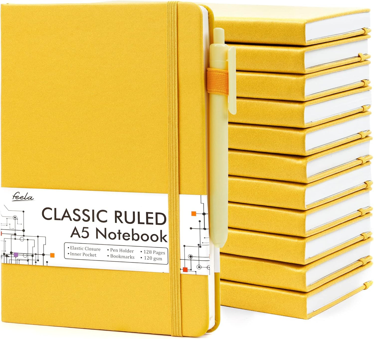 12 Pack Notebooks Journals Bulk with 12 Black Pens, A5 Hardcover Notebook Classic Ruled Journal Set with Pen Holder for School Business Work Travel Writing, 120 GSM, 5.1”x8.3”, Yellow