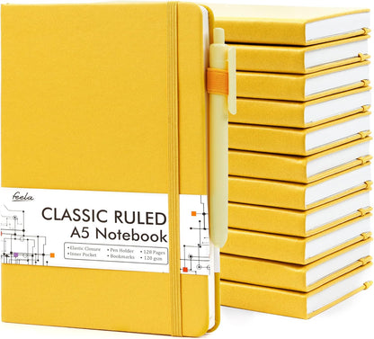 12 Pack Notebooks Journals Bulk with 12 Black Pens, A5 Hardcover Notebook Classic Ruled Journal Set with Pen Holder for School Business Work Travel Writing, 120 GSM, 5.1”x8.3”, Yellow