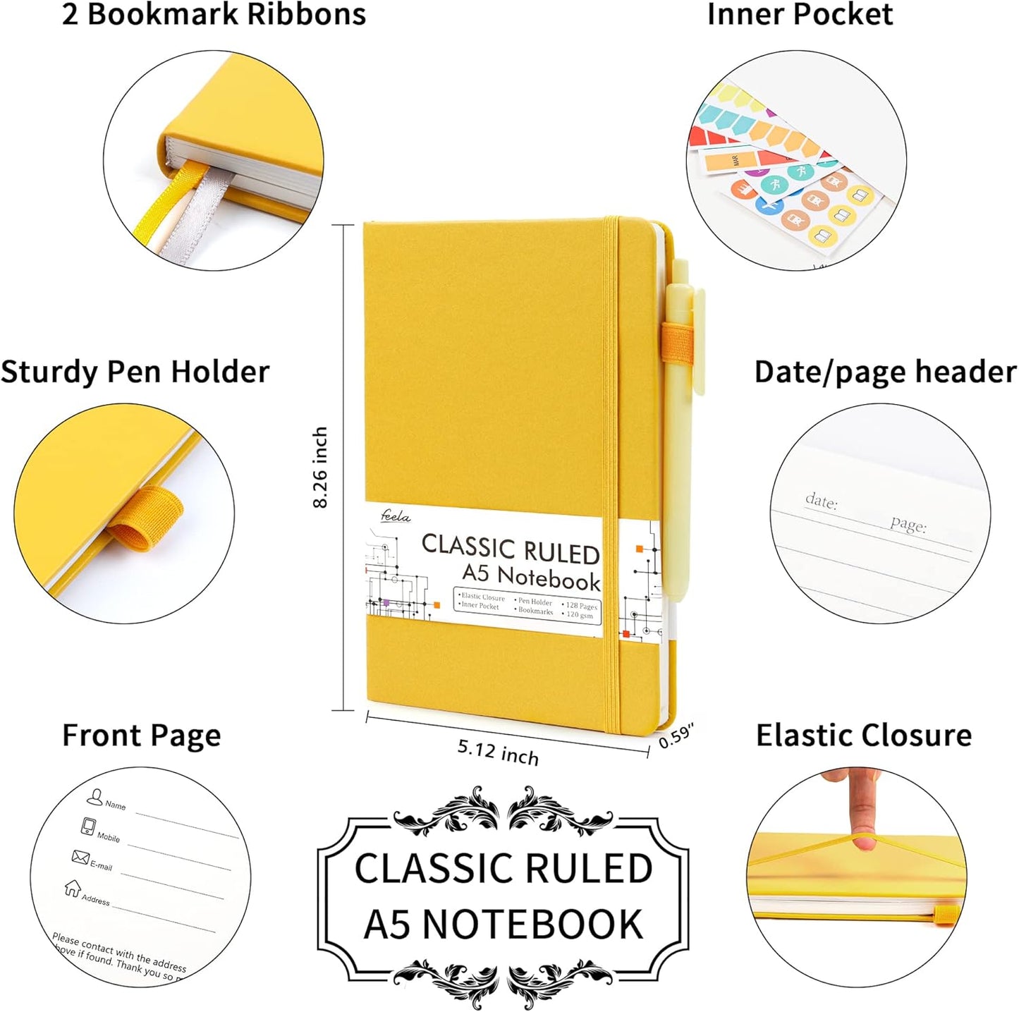 12 Pack Notebooks Journals Bulk with 12 Black Pens, A5 Hardcover Notebook Classic Ruled Journal Set with Pen Holder for School Business Work Travel Writing, 120 GSM, 5.1”x8.3”, Yellow