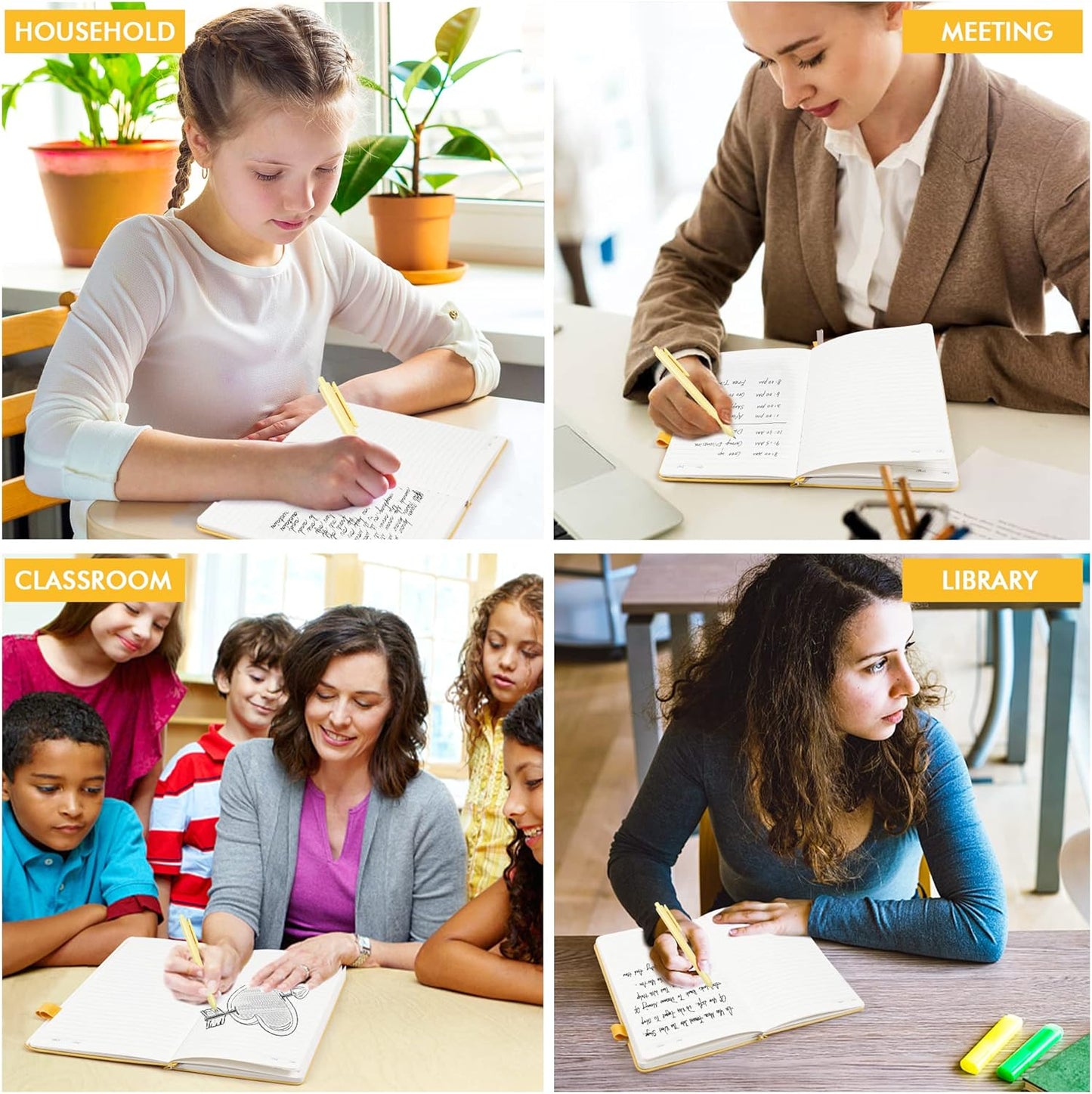 12 Pack Notebooks Journals Bulk with 12 Black Pens, A5 Hardcover Notebook Classic Ruled Journal Set with Pen Holder for School Business Work Travel Writing, 120 GSM, 5.1”x8.3”, Yellow