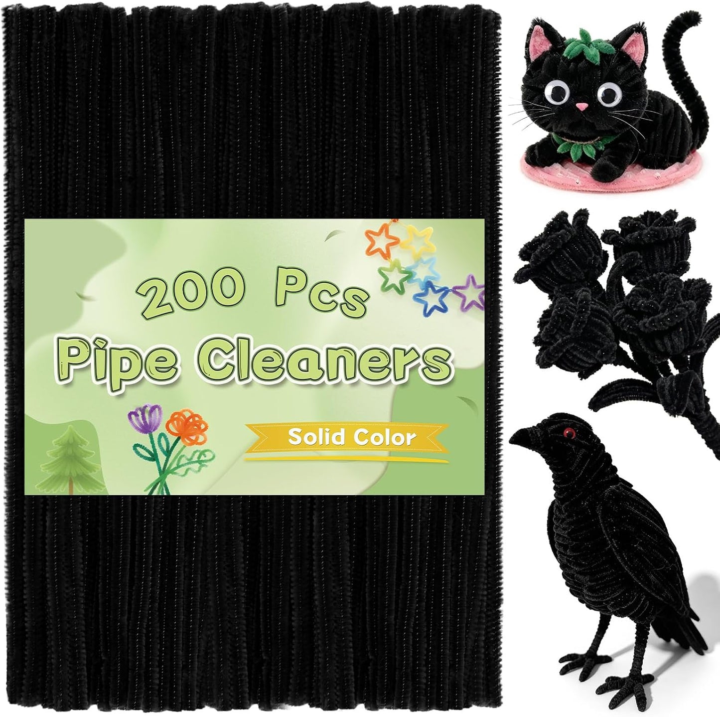 Pipe Cleaners, 200 Pcs Solid Color Chenille Stems Craft Set | Yellow Pipe Cleaners for Crafts, Cleaners Supplies for Flower Making, Chenille Stems Supplies with Eyes for Arts Crafts