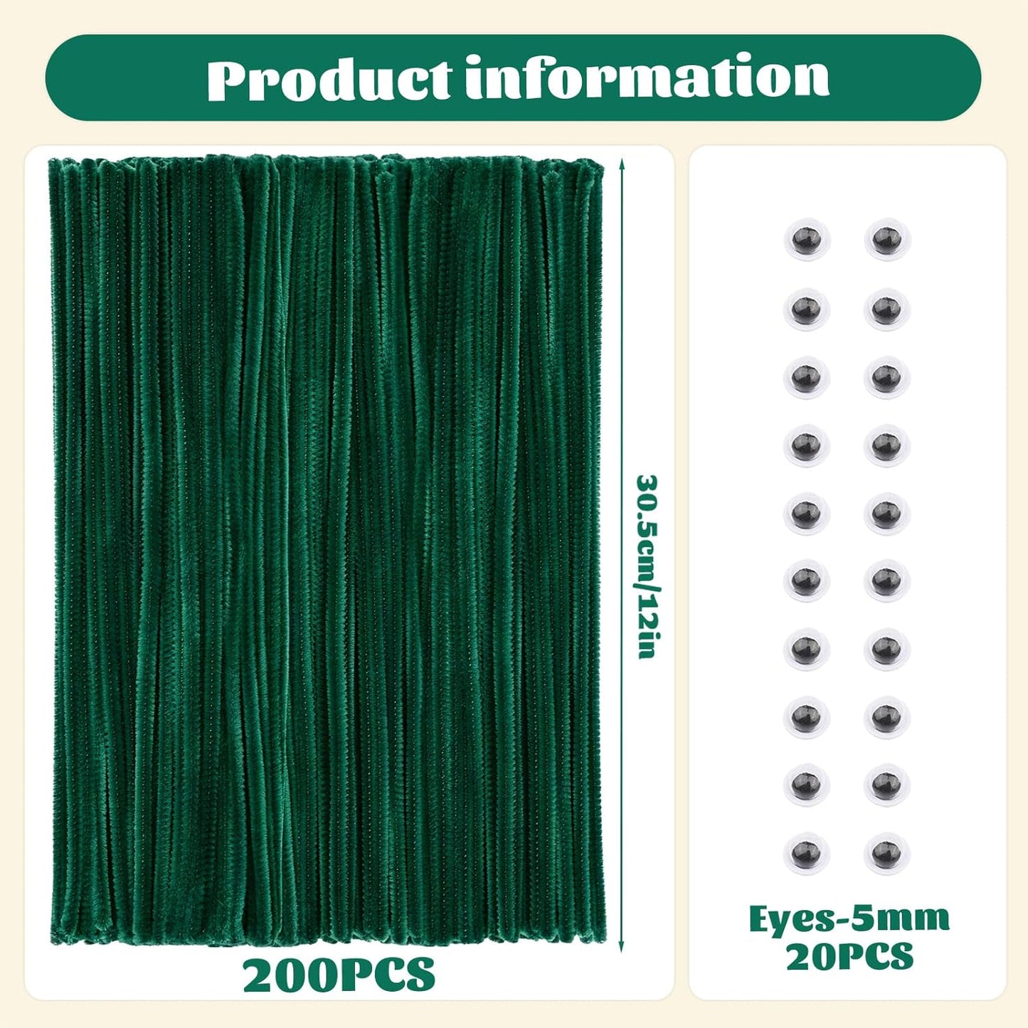 Pipe Cleaners, 200 Pcs Solid Color Chenille Stems Craft Set | Yellow Pipe Cleaners for Crafts, Cleaners Supplies for Flower Making, Chenille Stems Supplies with Eyes for Arts Crafts