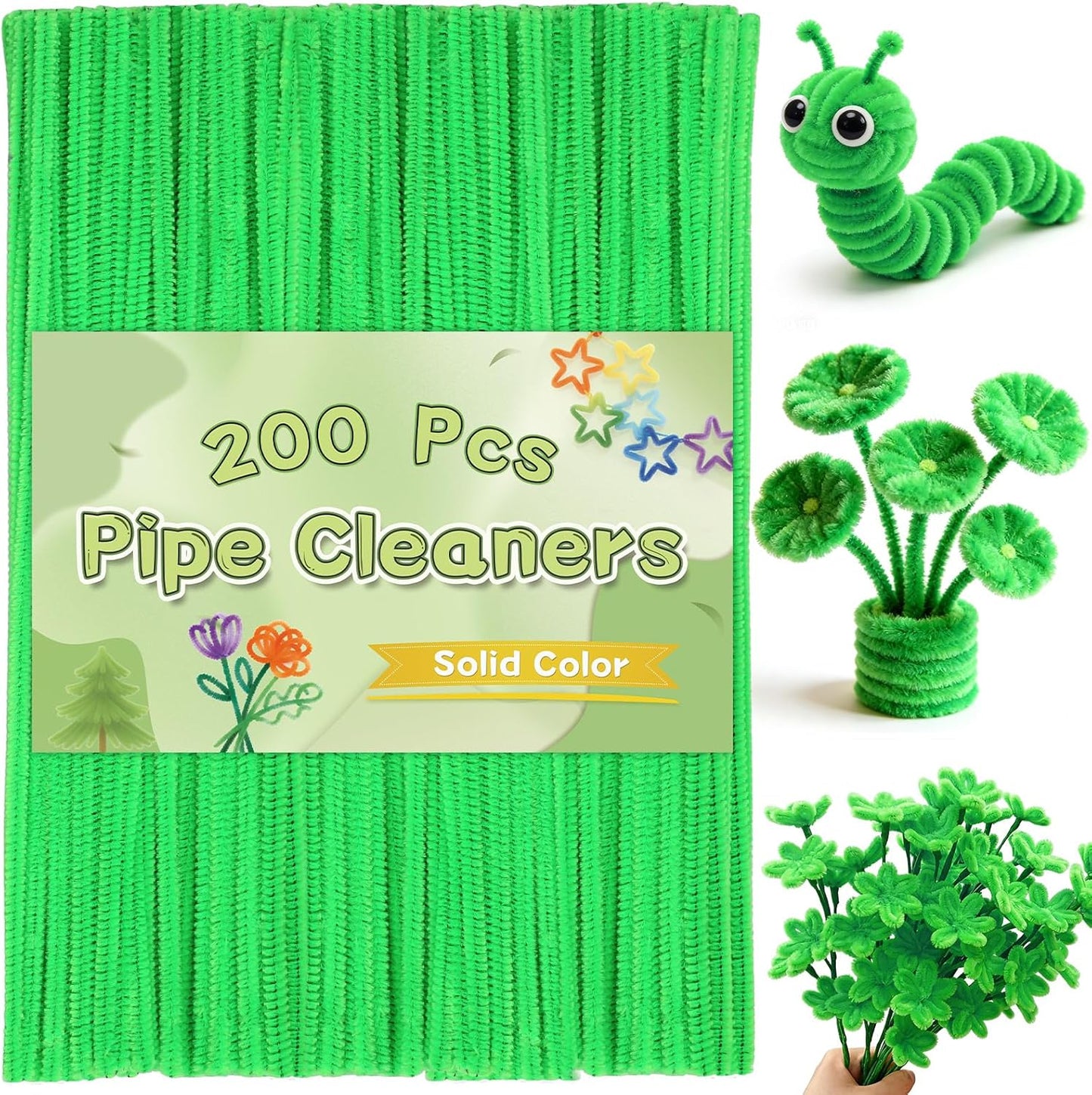 Pipe Cleaners, 200 Pcs Solid Color Chenille Stems Craft Set | Yellow Pipe Cleaners for Crafts, Cleaners Supplies for Flower Making, Chenille Stems Supplies with Eyes for Arts Crafts