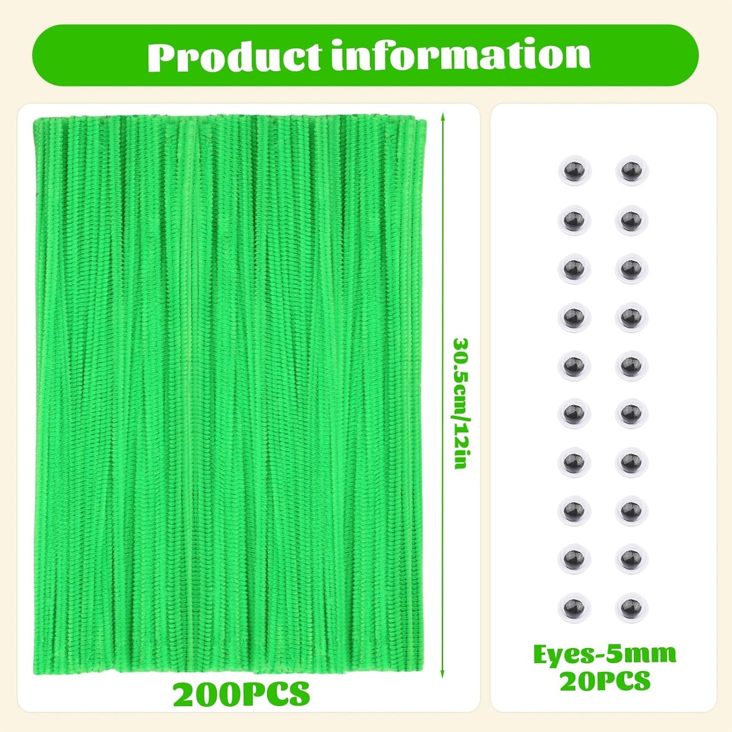 Pipe Cleaners, 200 Pcs Solid Color Chenille Stems Craft Set | Yellow Pipe Cleaners for Crafts, Cleaners Supplies for Flower Making, Chenille Stems Supplies with Eyes for Arts Crafts