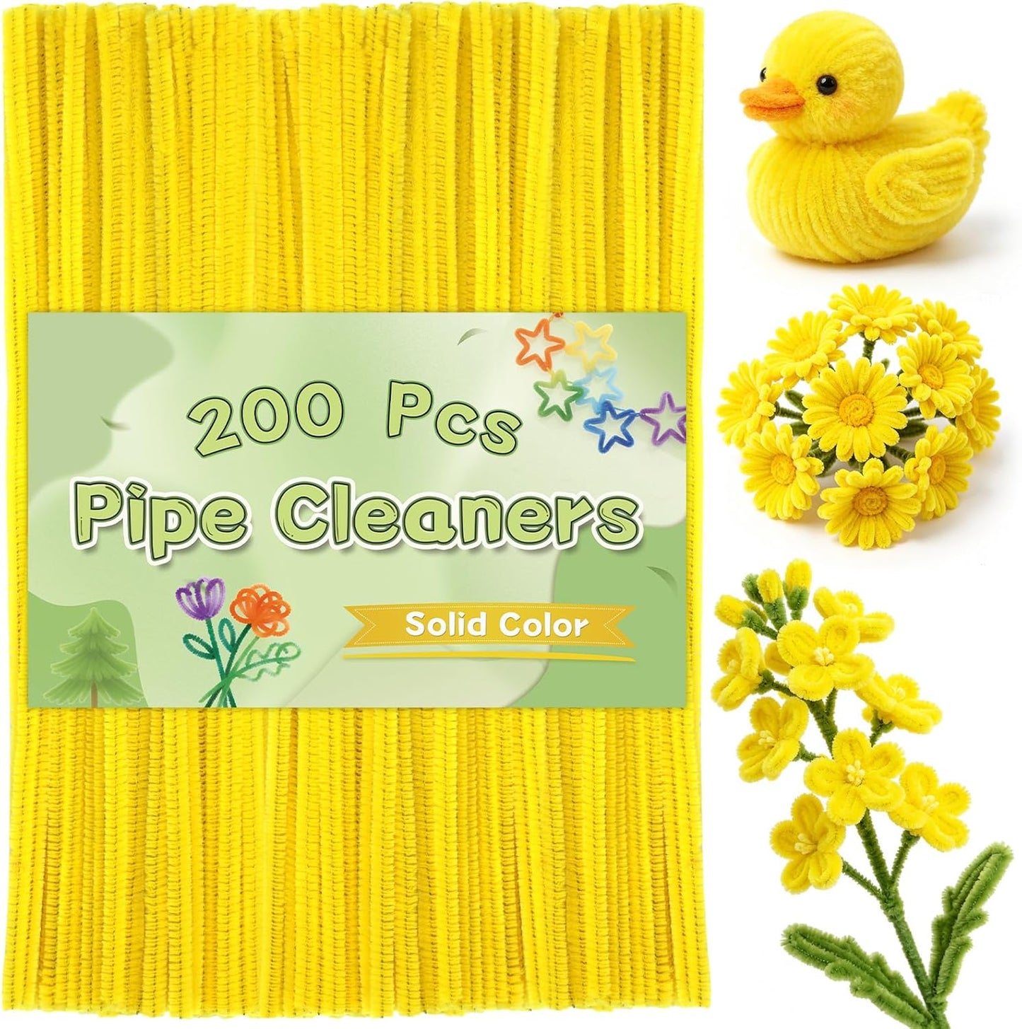 Pipe Cleaners, 200 Pcs Solid Color Chenille Stems Craft Set | Yellow Pipe Cleaners for Crafts, Cleaners Supplies for Flower Making, Chenille Stems Supplies with Eyes for Arts Crafts