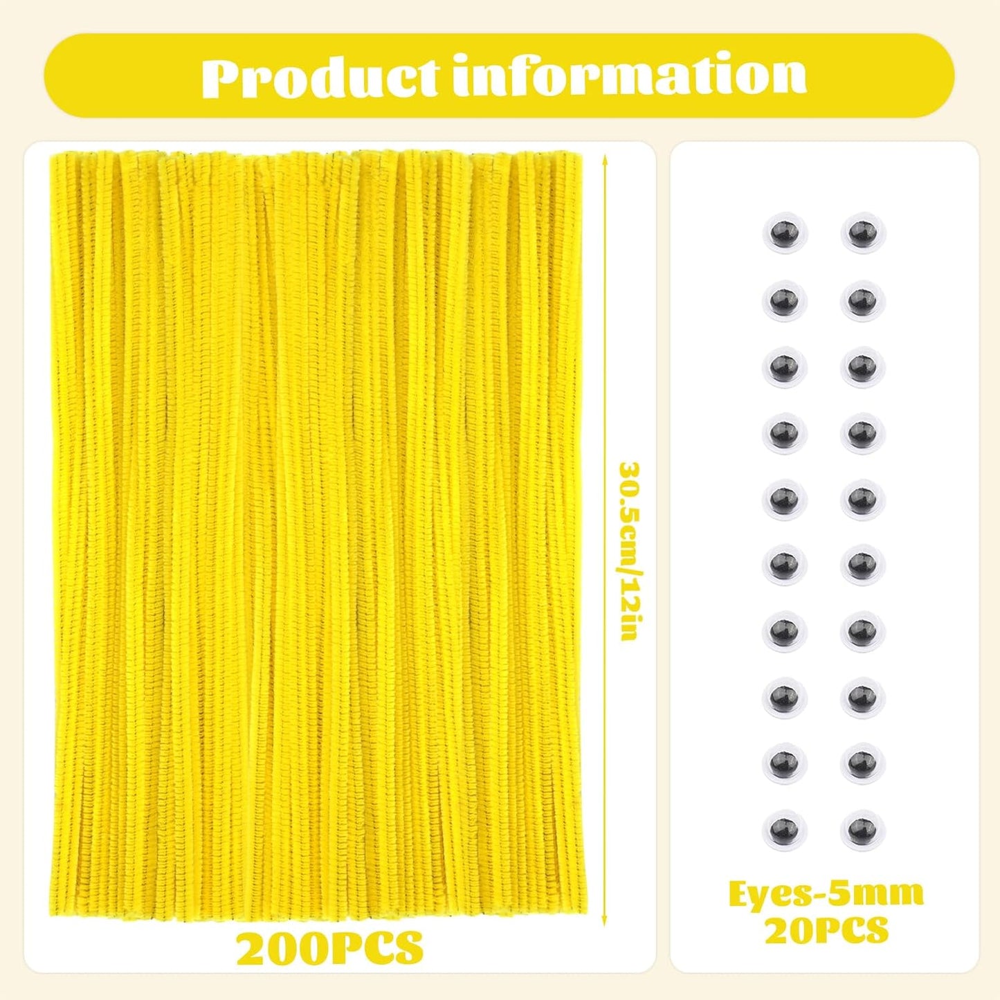 Pipe Cleaners, 200 Pcs Solid Color Chenille Stems Craft Set | Yellow Pipe Cleaners for Crafts, Cleaners Supplies for Flower Making, Chenille Stems Supplies with Eyes for Arts Crafts