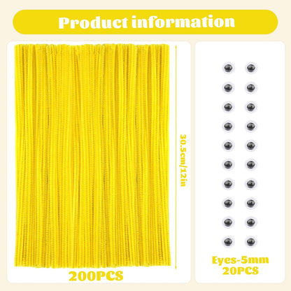 Pipe Cleaners, 200 Pcs Solid Color Chenille Stems Craft Set | Yellow Pipe Cleaners for Crafts, Cleaners Supplies for Flower Making, Chenille Stems Supplies with Eyes for Arts Crafts