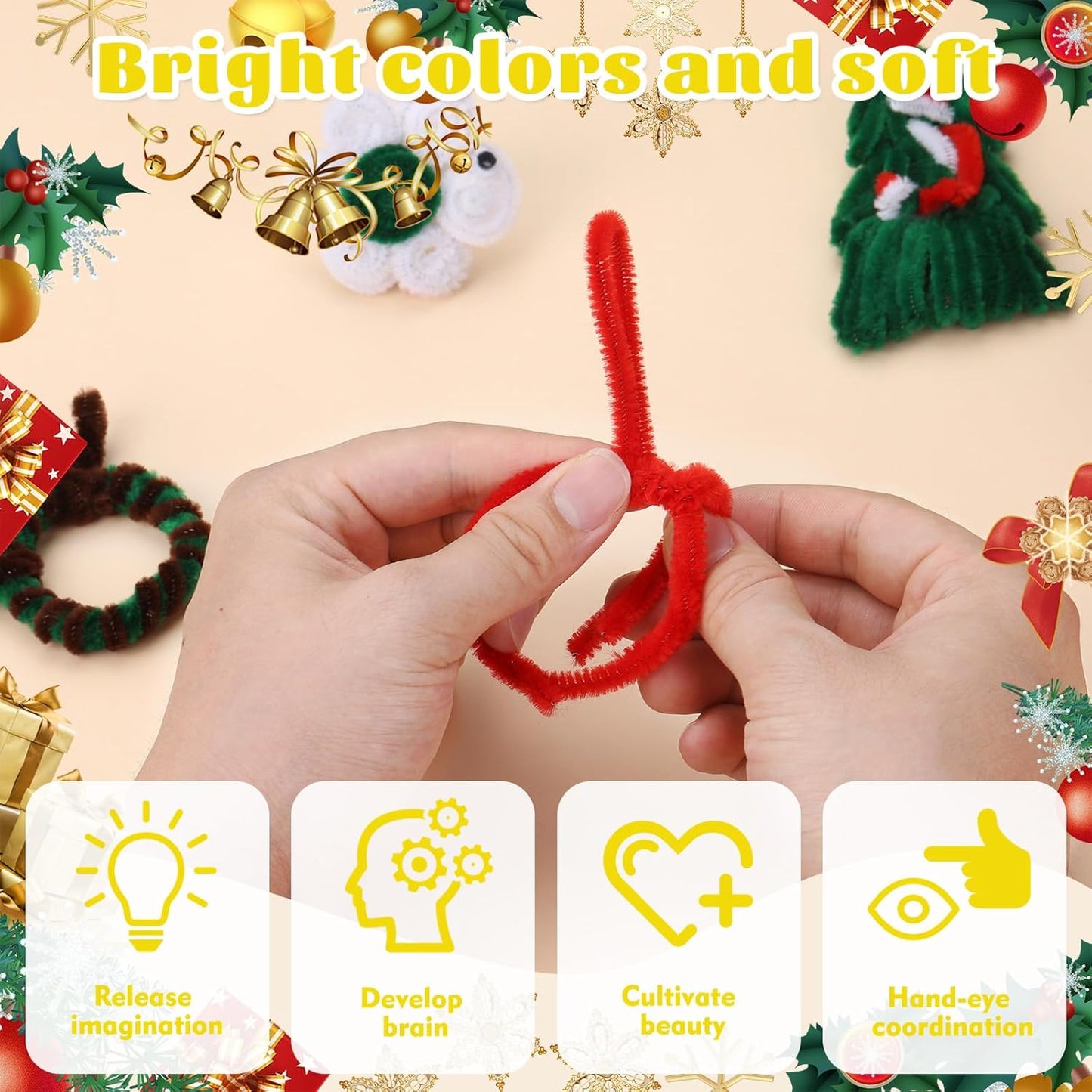 Pipe Cleaners, 200 Pcs Solid Color Chenille Stems Craft Set | Yellow Pipe Cleaners for Crafts, Cleaners Supplies for Flower Making, Chenille Stems Supplies with Eyes for Arts Crafts