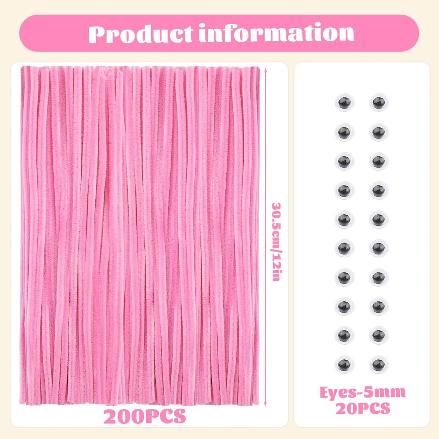 Pipe Cleaners, 200 Pcs Solid Color Chenille Stems Craft Set | Yellow Pipe Cleaners for Crafts, Cleaners Supplies for Flower Making, Chenille Stems Supplies with Eyes for Arts Crafts