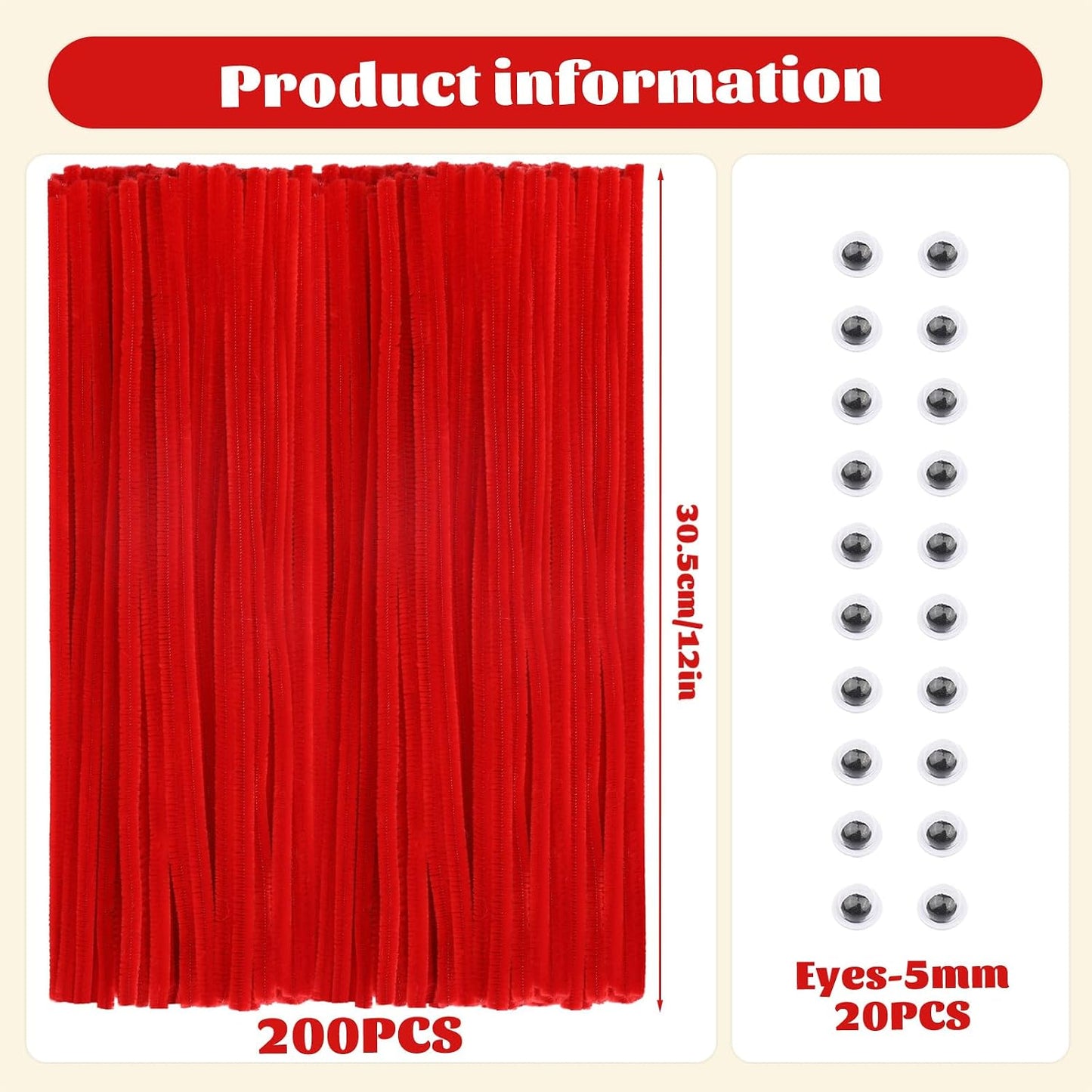 Pipe Cleaners, 200 Pcs Solid Color Chenille Stems Craft Set | Yellow Pipe Cleaners for Crafts, Cleaners Supplies for Flower Making, Chenille Stems Supplies with Eyes for Arts Crafts