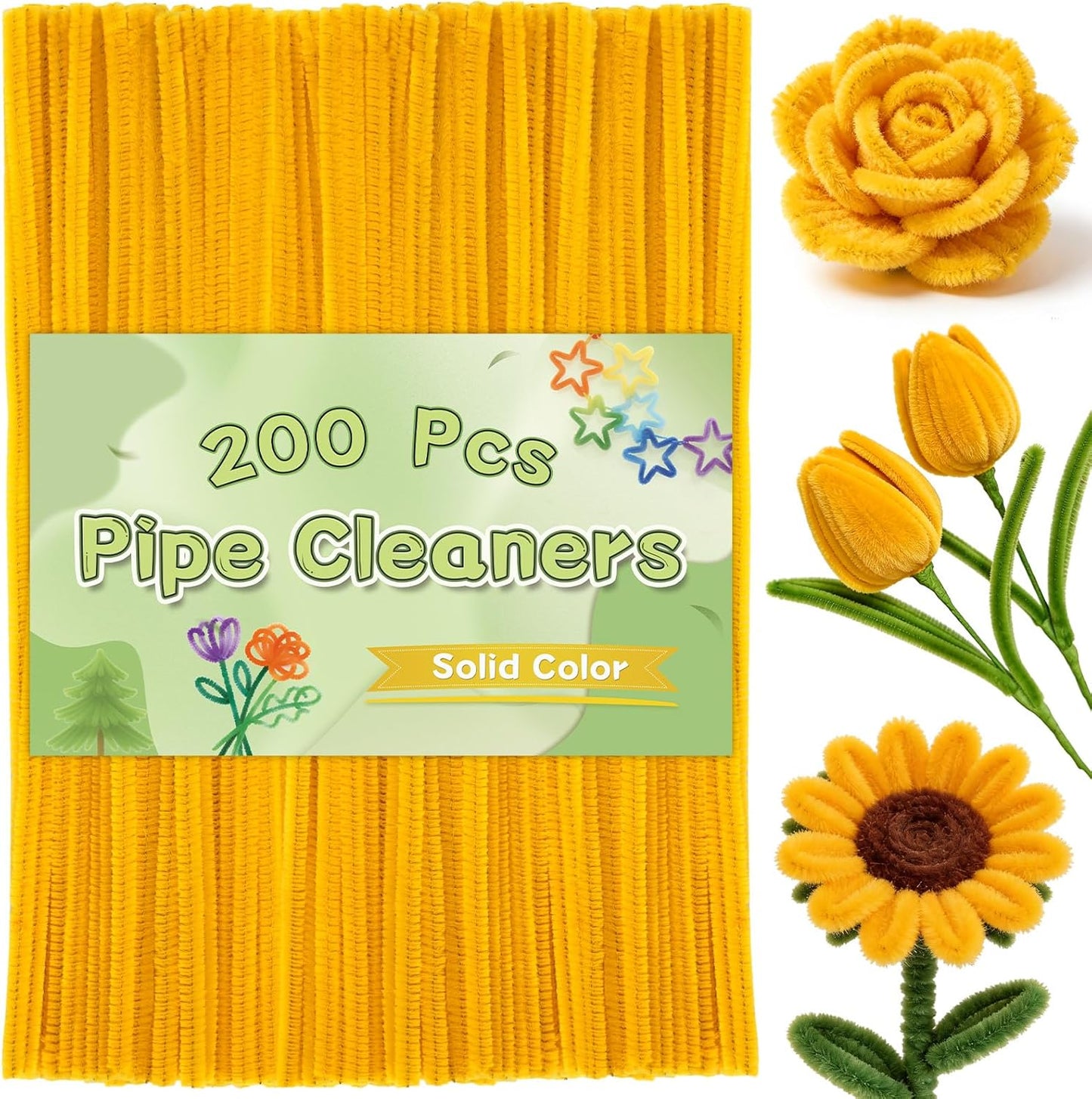Pipe Cleaners, 200 Pcs Solid Color Chenille Stems Craft Set | Yellow Pipe Cleaners for Crafts, Cleaners Supplies for Flower Making, Chenille Stems Supplies with Eyes for Arts Crafts