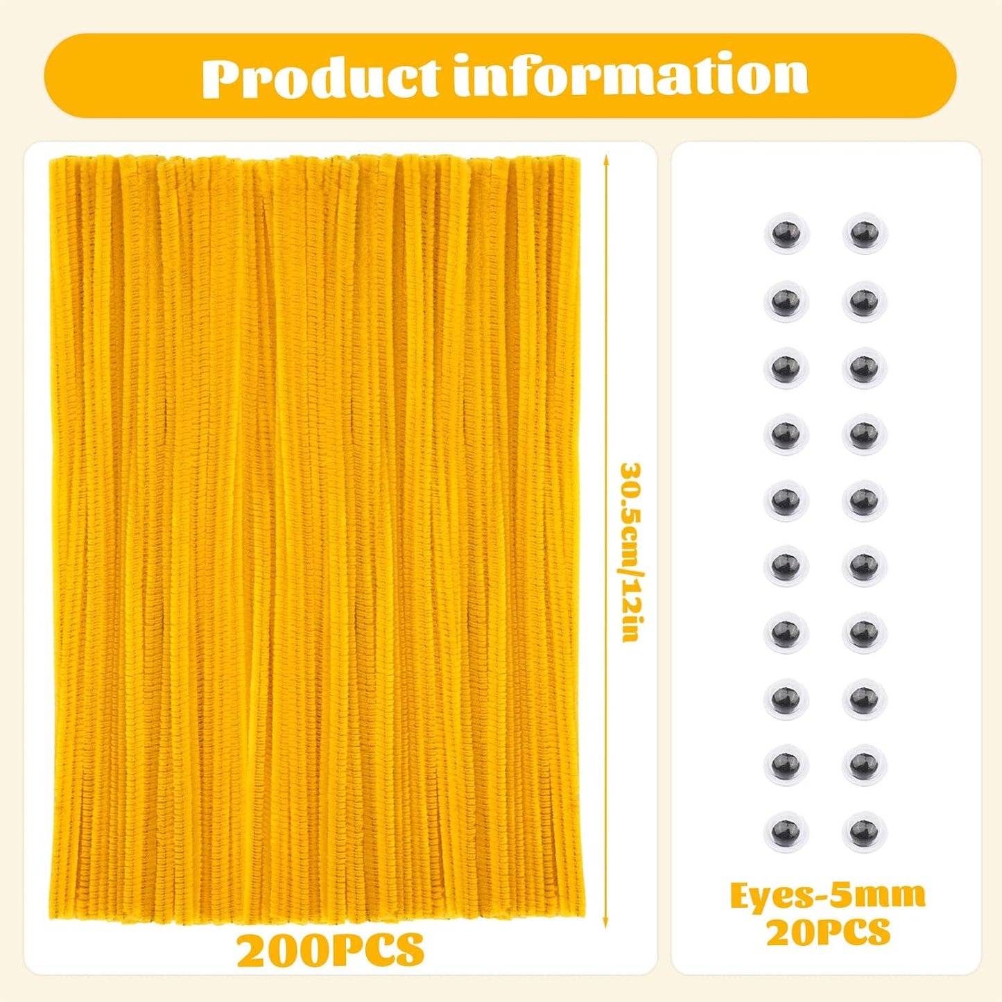 Pipe Cleaners, 200 Pcs Solid Color Chenille Stems Craft Set | Yellow Pipe Cleaners for Crafts, Cleaners Supplies for Flower Making, Chenille Stems Supplies with Eyes for Arts Crafts