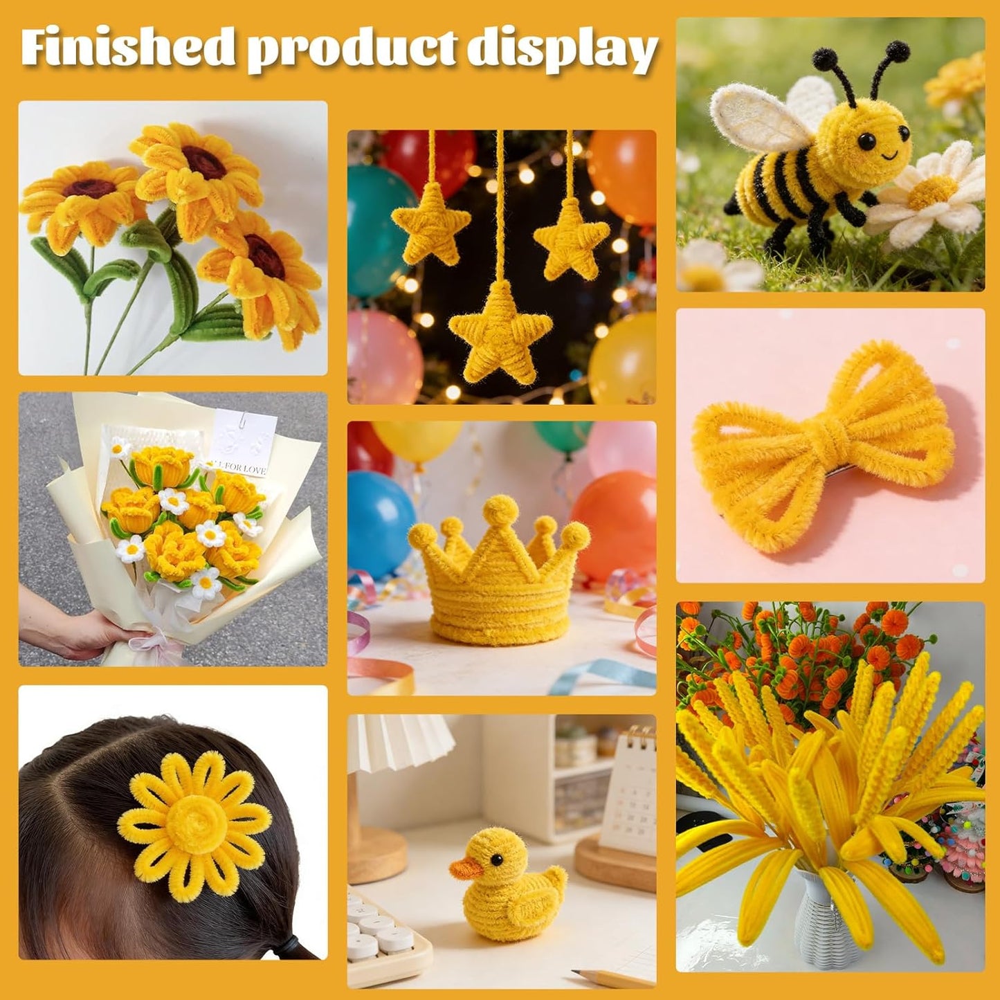 Pipe Cleaners, 200 Pcs Solid Color Chenille Stems Craft Set | Yellow Pipe Cleaners for Crafts, Cleaners Supplies for Flower Making, Chenille Stems Supplies with Eyes for Arts Crafts