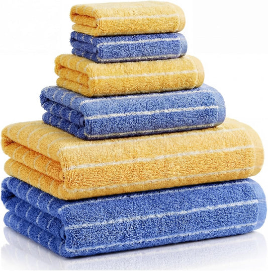 6 Pcs Large Bath Towels Set 28x55 Inch Soft Cotton Towels for Bathroom Striped Towel Set Highly Absorbent & Quick Dry Towel for Spa Gym 2 Bath, 2 Hand, 2 Washcloth (Blue, Yellow)