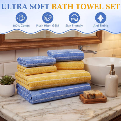 6 Pcs Large Bath Towels Set 28x55 Inch Soft Cotton Towels for Bathroom Striped Towel Set Highly Absorbent & Quick Dry Towel for Spa Gym 2 Bath, 2 Hand, 2 Washcloth (Blue, Yellow)