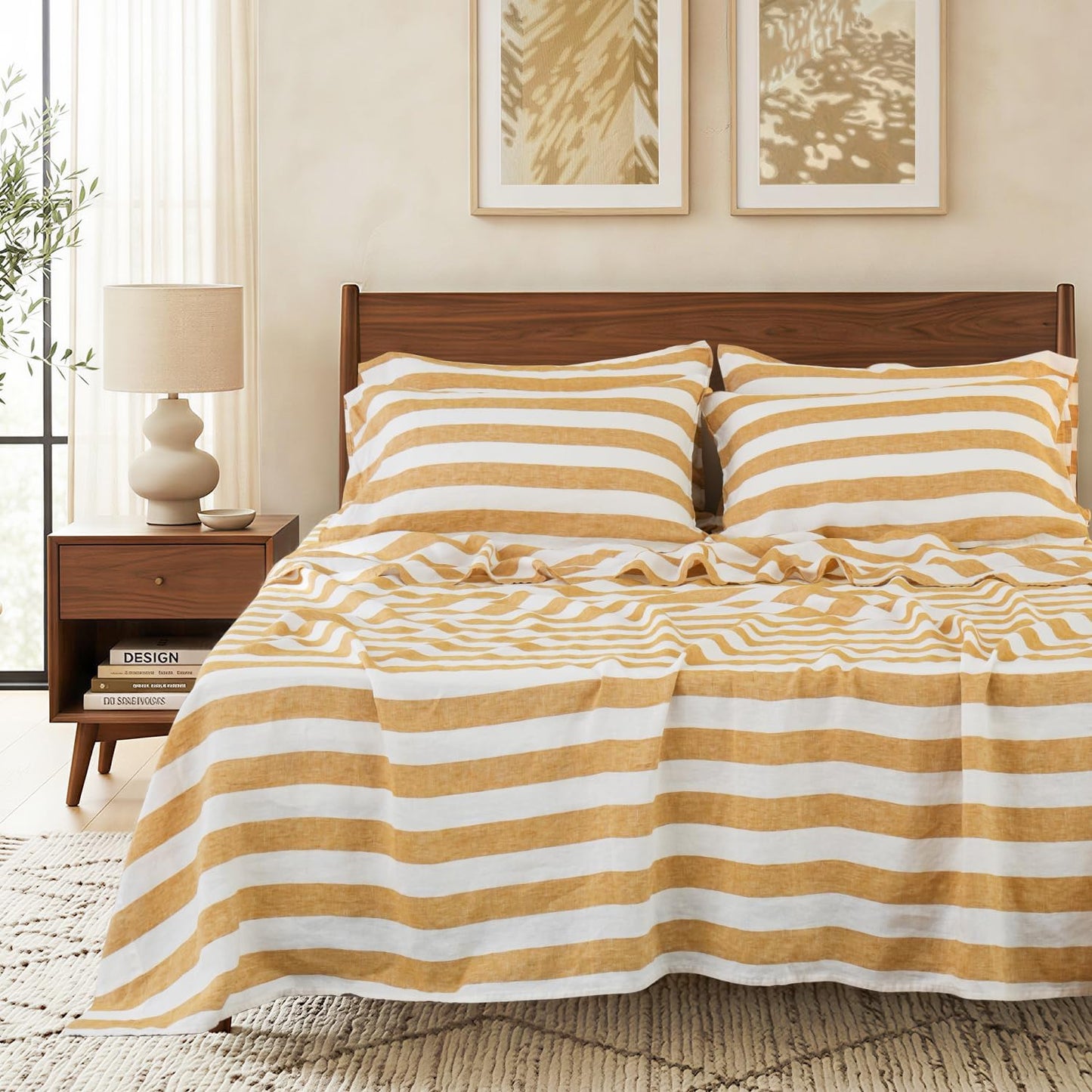 100% Organic Linen Sheets Set Queen Size 4pcs,Yellow Stripe Yarn Dyed Pattern Farmhouse Bedding Set,French Natural Stone Washed Flax Bed Sheets
