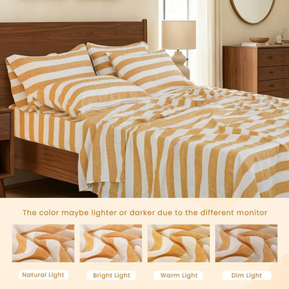 100% Organic Linen Sheets Set Queen Size 4pcs,Yellow Stripe Yarn Dyed Pattern Farmhouse Bedding Set,French Natural Stone Washed Flax Bed Sheets