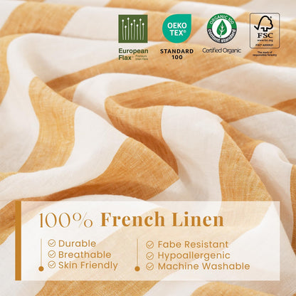 100% Organic Linen Sheets Set Queen Size 4pcs,Yellow Stripe Yarn Dyed Pattern Farmhouse Bedding Set,French Natural Stone Washed Flax Bed Sheets