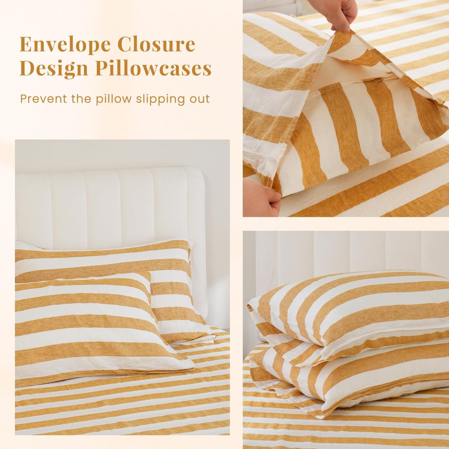 100% Organic Linen Sheets Set Queen Size 4pcs,Yellow Stripe Yarn Dyed Pattern Farmhouse Bedding Set,French Natural Stone Washed Flax Bed Sheets