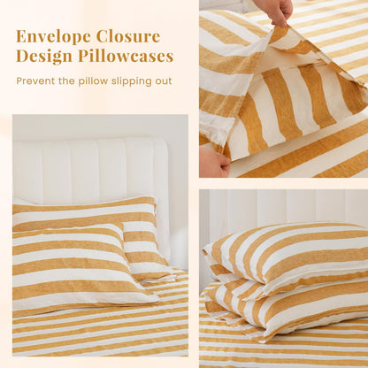 100% Organic Linen Sheets Set Queen Size 4pcs,Yellow Stripe Yarn Dyed Pattern Farmhouse Bedding Set,French Natural Stone Washed Flax Bed Sheets