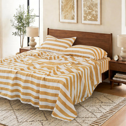 100% Organic Linen Sheets Set Queen Size 4pcs,Yellow Stripe Yarn Dyed Pattern Farmhouse Bedding Set,French Natural Stone Washed Flax Bed Sheets