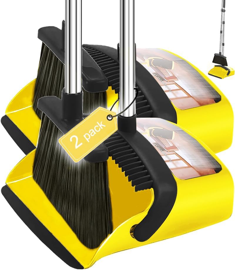 ，Brooms with Dustpan Combo Set，with 52" Long Handle, Dustpan Teeth with self-Cleaning Function, Indoor and Outdoor Sweeping, Perfect for Home Office (Large/Yellow /2-Pack)