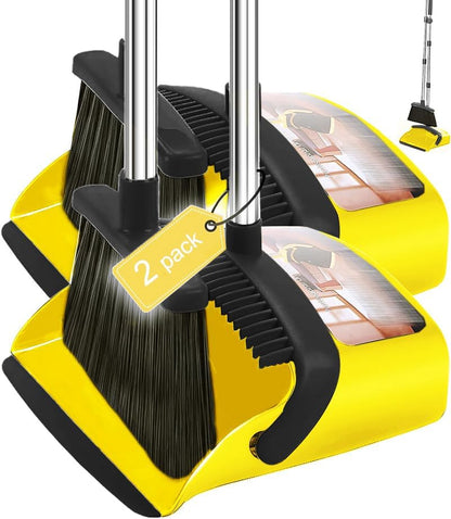 ，Brooms with Dustpan Combo Set，with 52" Long Handle, Dustpan Teeth with self-Cleaning Function, Indoor and Outdoor Sweeping, Perfect for Home Office (Large/Yellow /2-Pack)