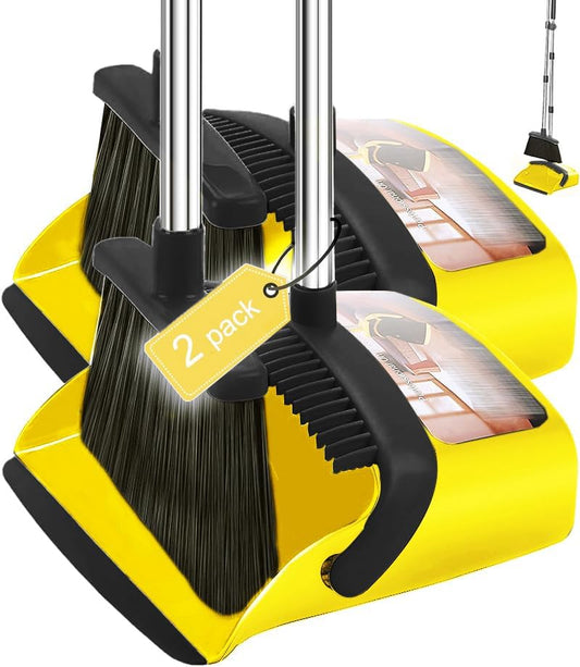 ，Brooms with Dustpan Combo Set，with 52" Long Handle, Dustpan Teeth with self-Cleaning Function, Indoor and Outdoor Sweeping, Perfect for Home Office (Large/Yellow /2-Pack)