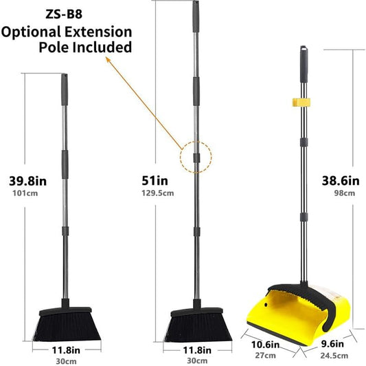 ，Brooms with Dustpan Combo Set，with 52" Long Handle, Dustpan Teeth with self-Cleaning Function, Indoor and Outdoor Sweeping, Perfect for Home Office (Large/Yellow /2-Pack)