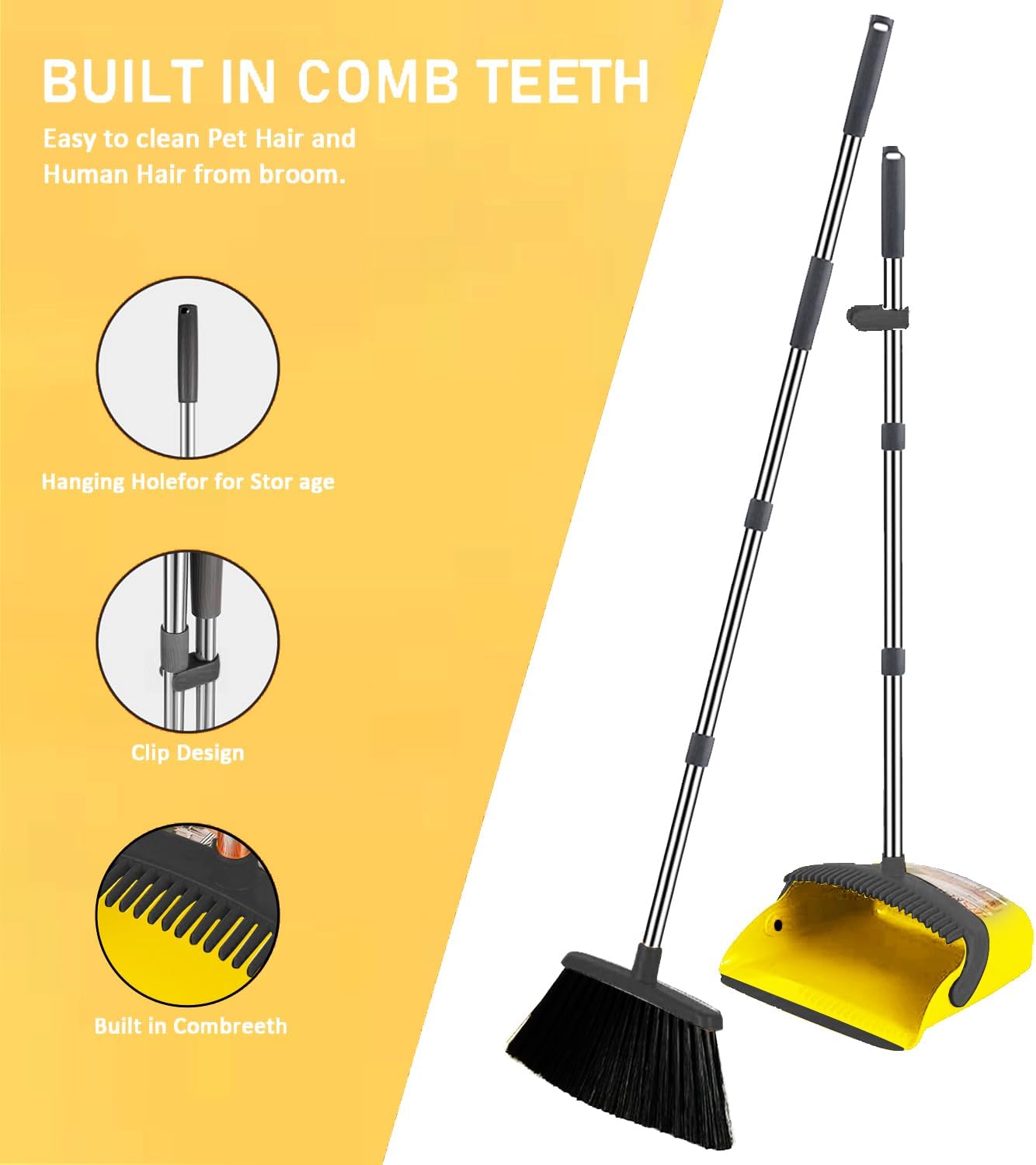 ，Brooms with Dustpan Combo Set，with 52" Long Handle, Dustpan Teeth with self-Cleaning Function, Indoor and Outdoor Sweeping, Perfect for Home Office (Large/Yellow /2-Pack)