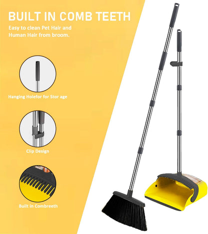 ，Brooms with Dustpan Combo Set，with 52" Long Handle, Dustpan Teeth with self-Cleaning Function, Indoor and Outdoor Sweeping, Perfect for Home Office (Large/Yellow /2-Pack)