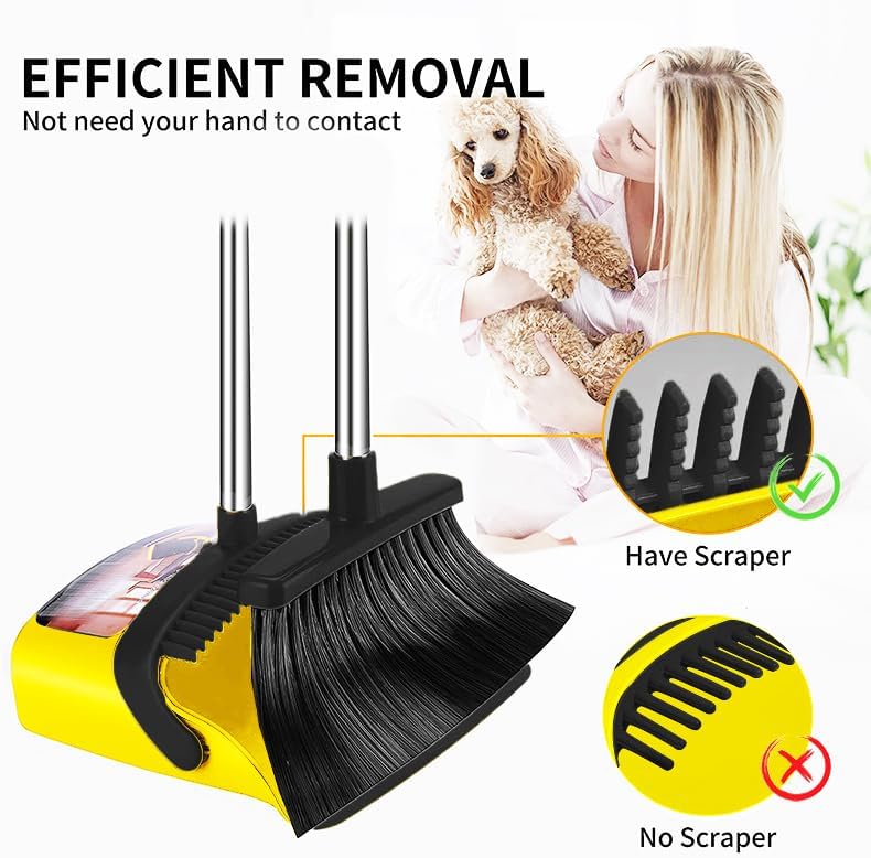 ，Brooms with Dustpan Combo Set，with 52" Long Handle, Dustpan Teeth with self-Cleaning Function, Indoor and Outdoor Sweeping, Perfect for Home Office (Large/Yellow /2-Pack)