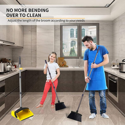 ，Brooms with Dustpan Combo Set，with 52" Long Handle, Dustpan Teeth with self-Cleaning Function, Indoor and Outdoor Sweeping, Perfect for Home Office (Large/Yellow /2-Pack)