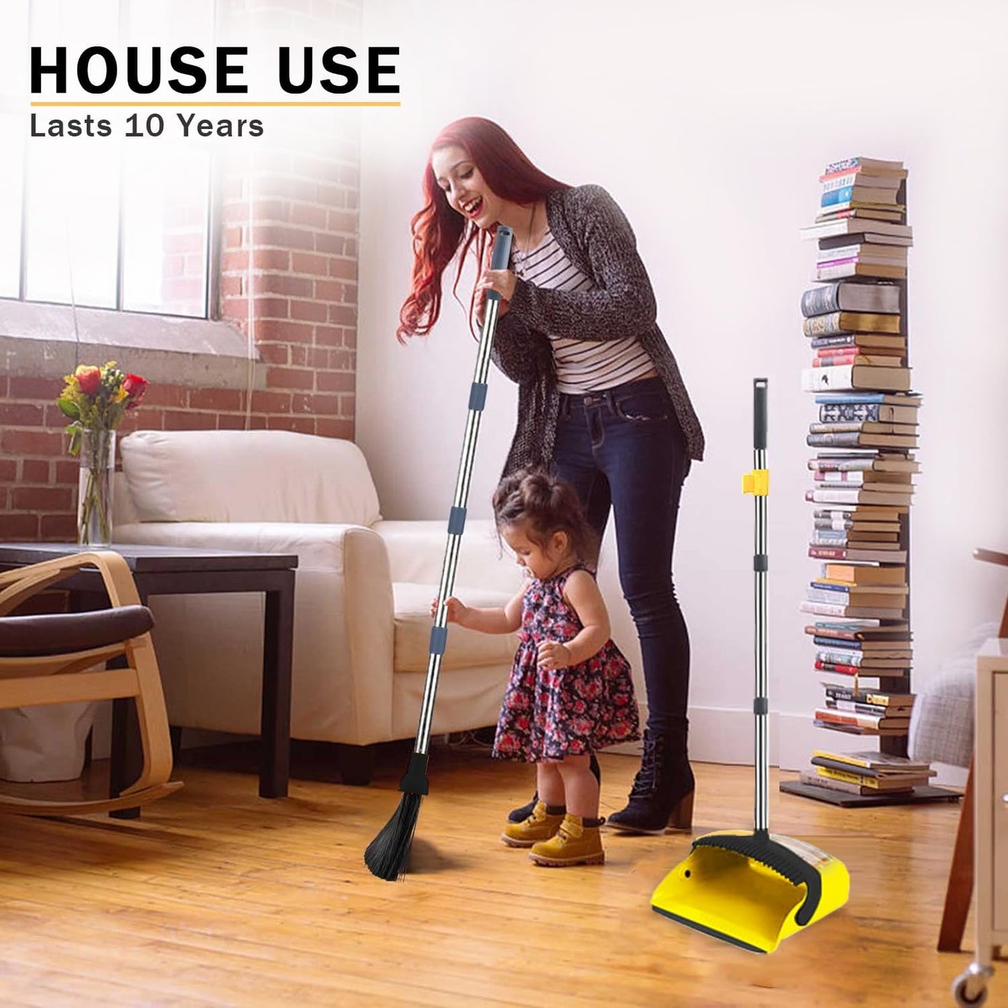 ，Brooms with Dustpan Combo Set，with 52" Long Handle, Dustpan Teeth with self-Cleaning Function, Indoor and Outdoor Sweeping, Perfect for Home Office (Large/Yellow /2-Pack)