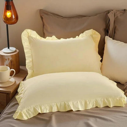 Ruffled Pillowcases Set of 2 Soft Shabby Chic Farmhouse Bedding Light Yellow
