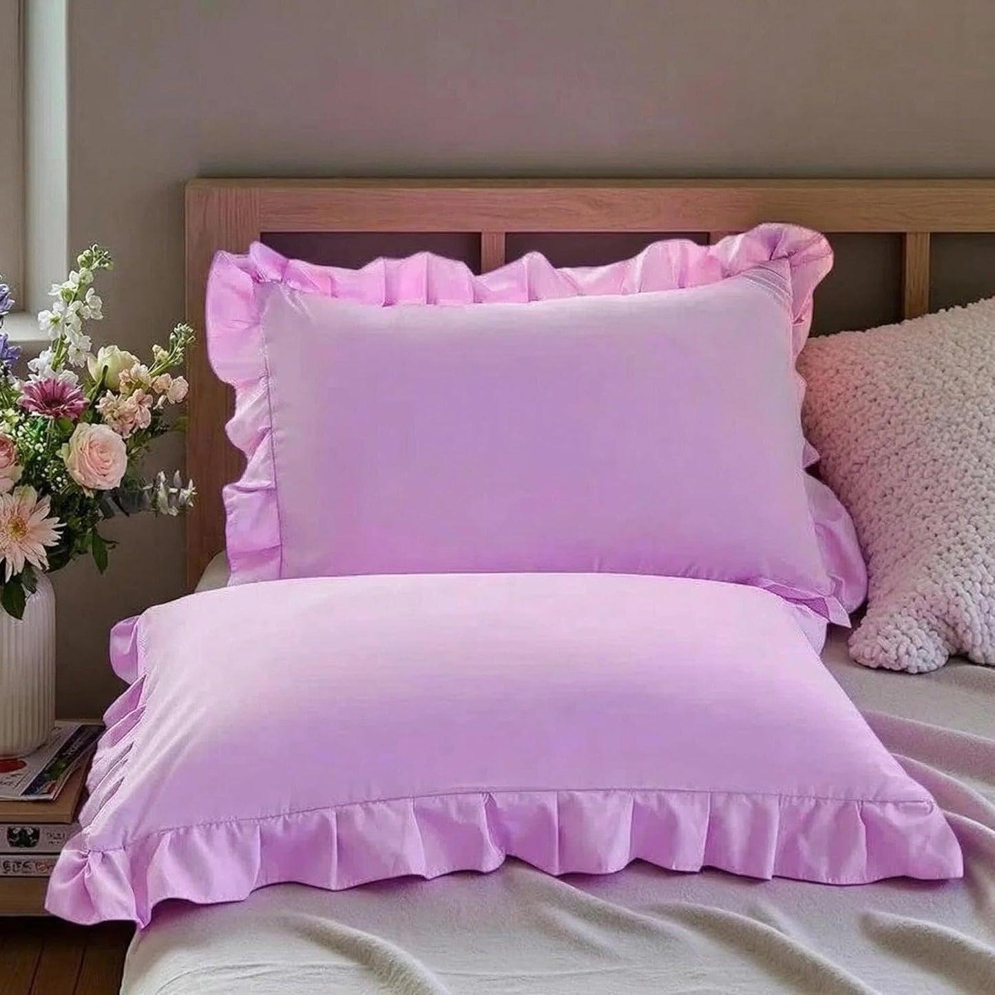 Ruffled Pillowcases Set of 2 Soft Shabby Chic Farmhouse Bedding Light Yellow