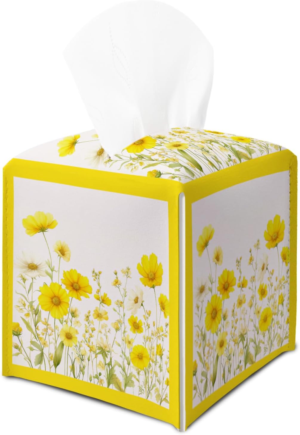 Yellow Floral Tissue Box Cover, Wildflowers Square Tissue Box Cover Leather Tissues Holder, Facial Paper Organizer Dispenser for Home Bathroom Office Bedroom Tabletop Decor -10