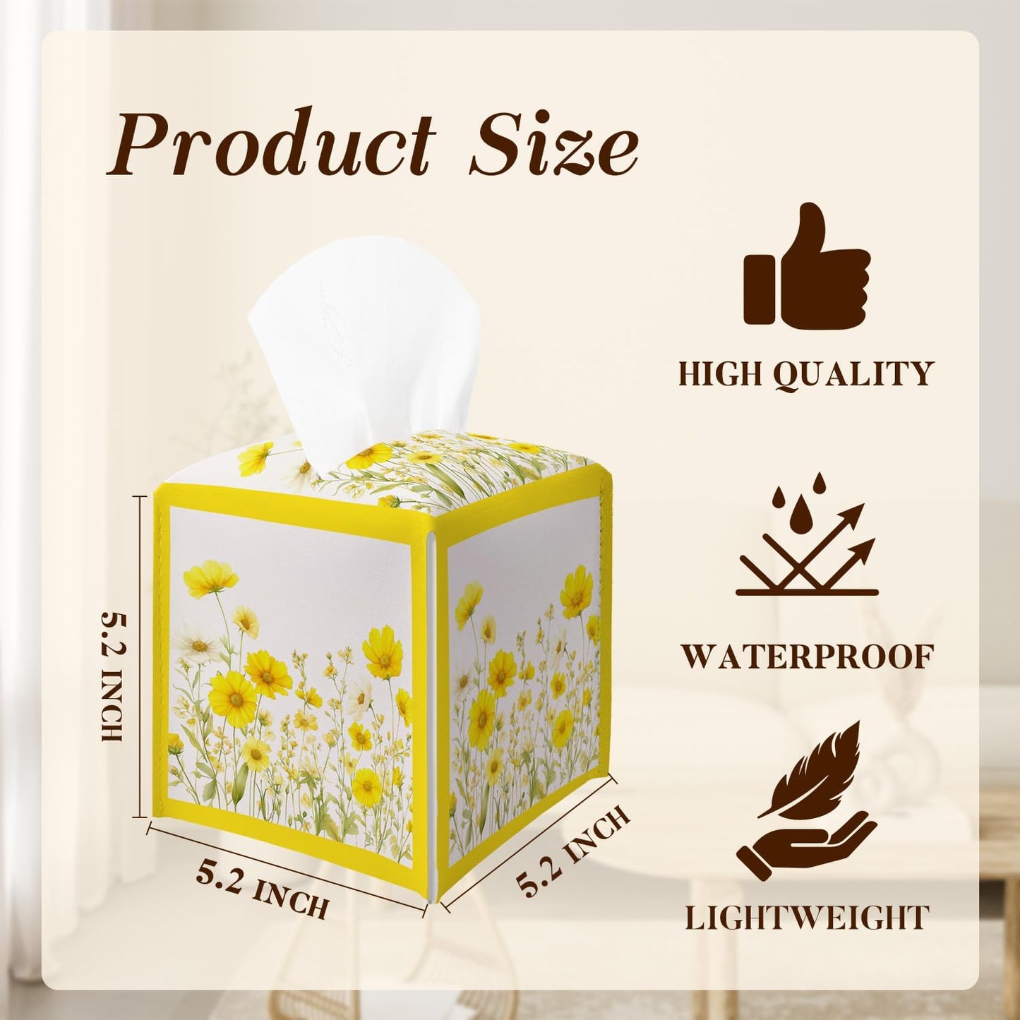 Yellow Floral Tissue Box Cover, Wildflowers Square Tissue Box Cover Leather Tissues Holder, Facial Paper Organizer Dispenser for Home Bathroom Office Bedroom Tabletop Decor -10