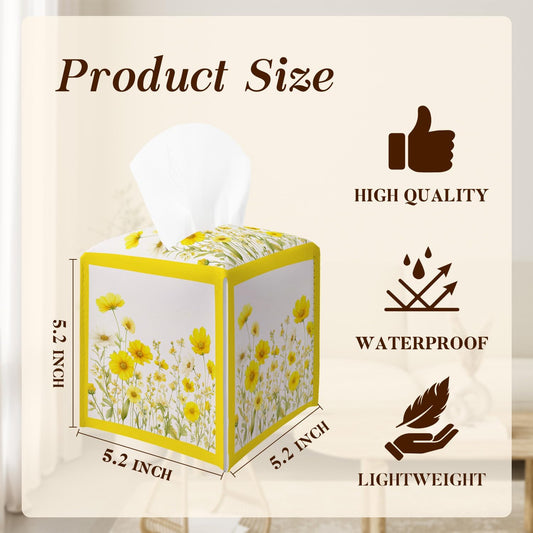 Yellow Floral Tissue Box Cover, Wildflowers Square Tissue Box Cover Leather Tissues Holder, Facial Paper Organizer Dispenser for Home Bathroom Office Bedroom Tabletop Decor -10