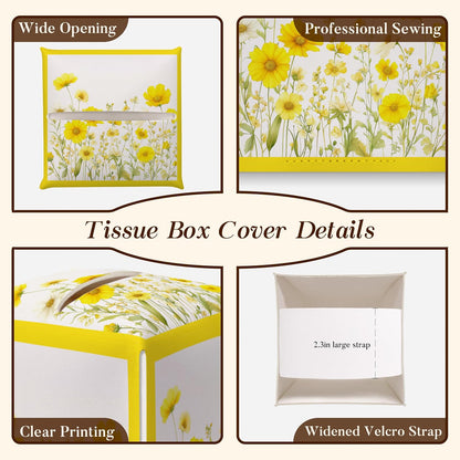 Yellow Floral Tissue Box Cover, Wildflowers Square Tissue Box Cover Leather Tissues Holder, Facial Paper Organizer Dispenser for Home Bathroom Office Bedroom Tabletop Decor -10