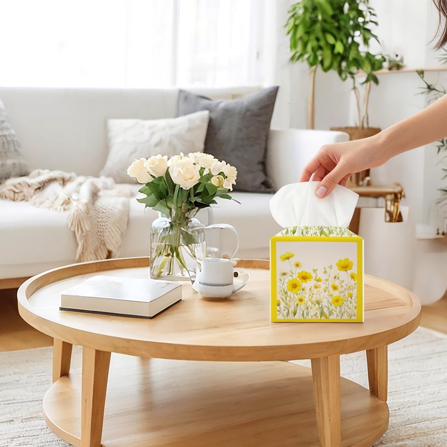 Yellow Floral Tissue Box Cover, Wildflowers Square Tissue Box Cover Leather Tissues Holder, Facial Paper Organizer Dispenser for Home Bathroom Office Bedroom Tabletop Decor -10