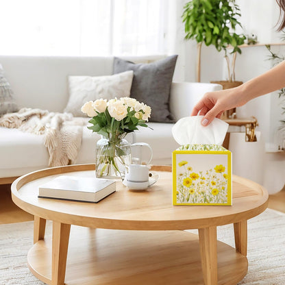 Yellow Floral Tissue Box Cover, Wildflowers Square Tissue Box Cover Leather Tissues Holder, Facial Paper Organizer Dispenser for Home Bathroom Office Bedroom Tabletop Decor -10