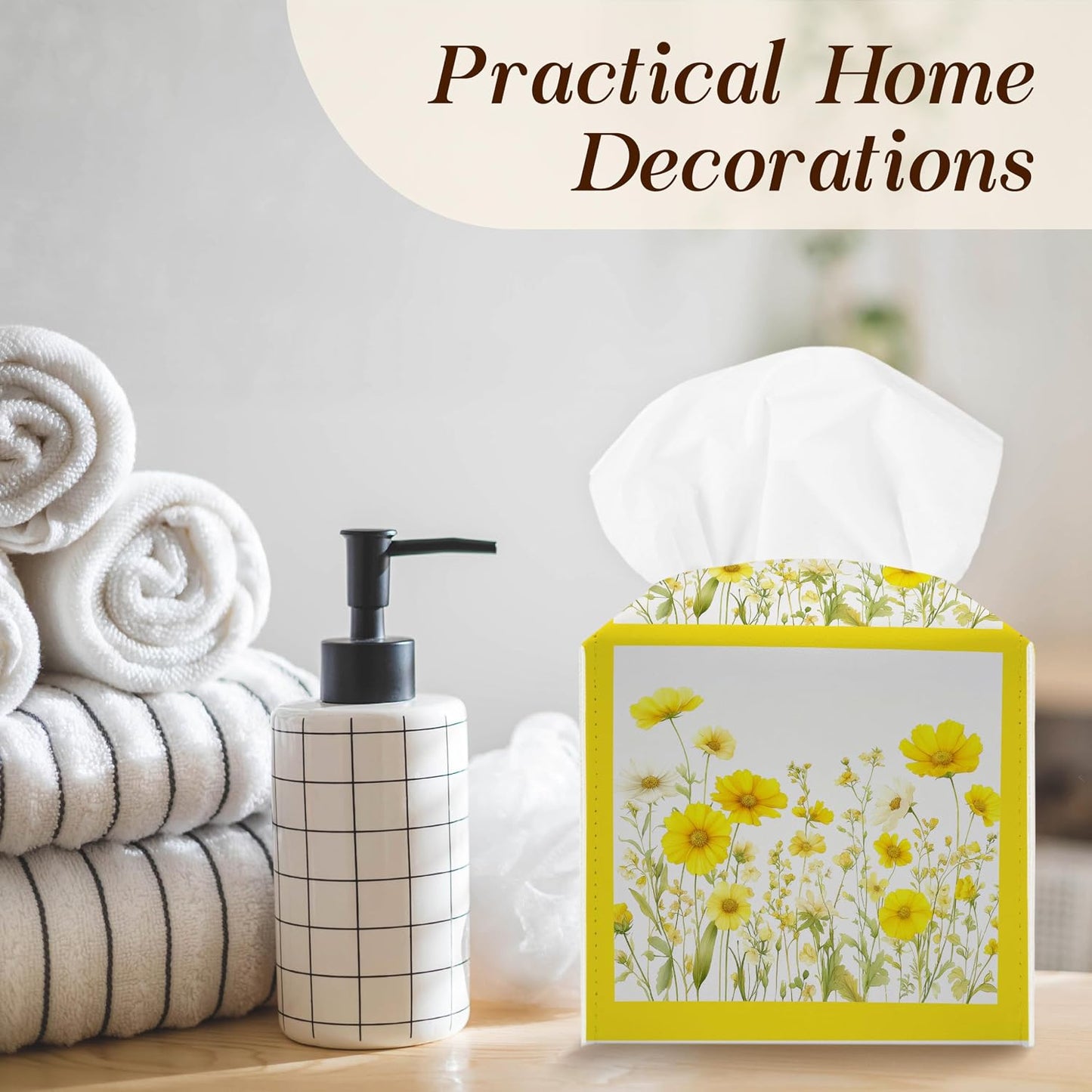 Yellow Floral Tissue Box Cover, Wildflowers Square Tissue Box Cover Leather Tissues Holder, Facial Paper Organizer Dispenser for Home Bathroom Office Bedroom Tabletop Decor -10